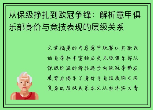 从保级挣扎到欧冠争锋：解析意甲俱乐部身价与竞技表现的层级关系