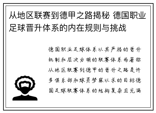 从地区联赛到德甲之路揭秘 德国职业足球晋升体系的内在规则与挑战