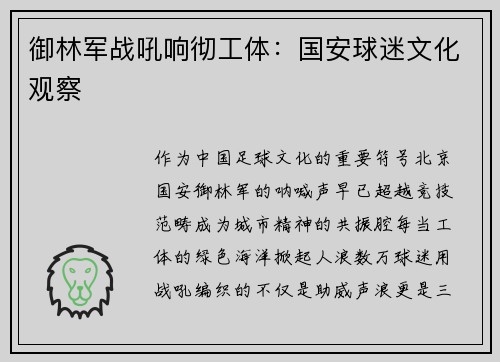 御林军战吼响彻工体：国安球迷文化观察