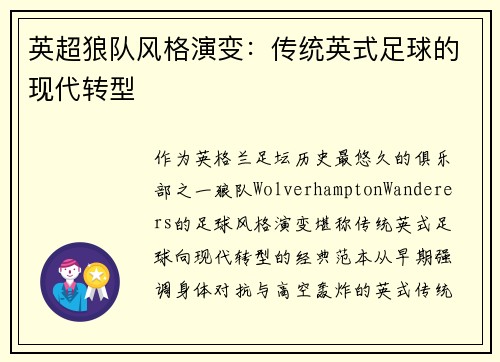 英超狼队风格演变：传统英式足球的现代转型